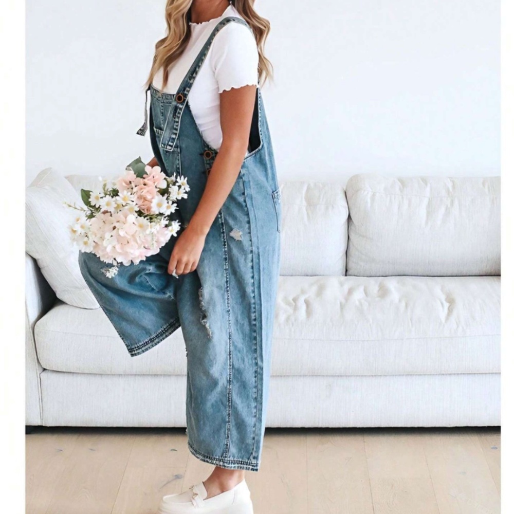 Dark Blue Distressed Wide Leg Adjustable Strap Denim Jean Overalls - Picture 4 of 9